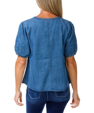 Thumbnail 2: Kate Park Women's Petite Eyelet Sleeve V-Neck Denim Top 