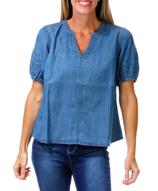 Thumbnail 1: Kate Park Women's Petite Eyelet Sleeve V-Neck Denim Top 