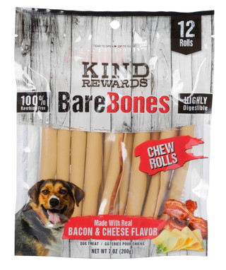 Thumbnail 1: Kind Rewards 12 Pk Bare Bone No Rawhide Bacon & Cheese Dog Chew Rolls 