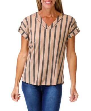 Thumbnail 1: Fifty Street Women's V-Neck Roll Tab Short Sleeve Striped Top 