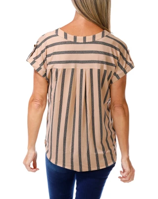 Thumbnail 2: Fifty Street Women's V-Neck Roll Tab Short Sleeve Striped Top 
