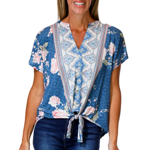 Thumbnail 1: Status by Chenault Women's Short Sleeve Tie Front Split Neck Top 