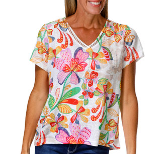 Thumbnail 1: Milano Women's Short Sleeve Embellished Floral V Neck Top 