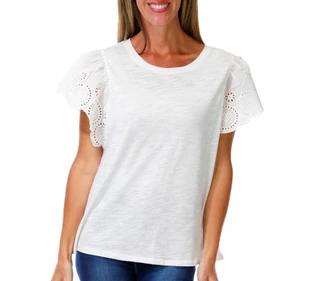 Thumbnail 1: Jessica Simpson Women's Short Sleeve Mixed Media Eyelet Top 