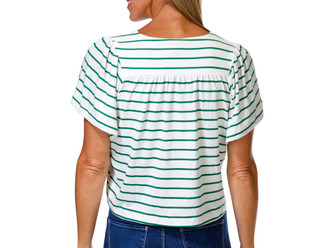 Thumbnail 3: BOBEAU Petite Short Sleeve Striped Split Neck Top 