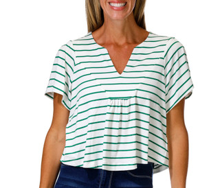 Thumbnail 1: BOBEAU Petite Short Sleeve Striped Split Neck Top 