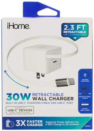 Thumbnail 1: Ihome 30W Retractable Wall Charger 