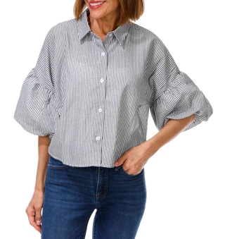 Thumbnail 1: LIV LOS ANGELES Women's Striped Button Down Puffy Sleeve Top 