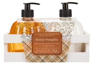 Thumbnail 1: MAISON DE BASE 2 Pc Honey Pumpkin Hand Soap & Hand Cream in Wooden Crate 