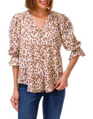 Thumbnail 1: Good Days Only Women's 3/4 Ruffle Sleeve V-Neck Print Top 
