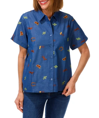 Thumbnail 1: LIV LOS ANGELES Women's Western Theme Button Down Cuff Sleeve Top 