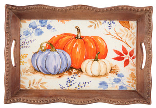 Thumbnail 1: Total Home Ltd. 16 in Scallop & Beaded Edge Wooden Pumpkin Tray Decor 