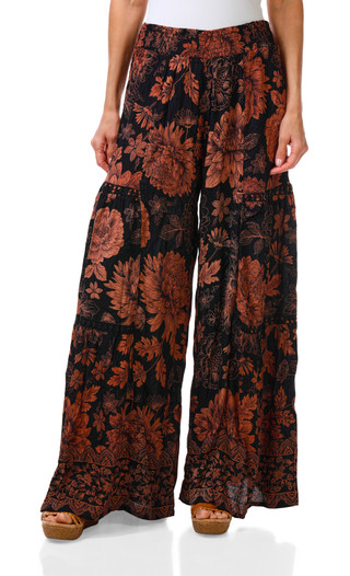 Thumbnail 1: Nostalgia Women's Crochet Trim Tiered Wide Leg Print Palazzo Pants 