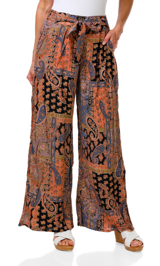 Thumbnail 1: Nostalgia Women's Tie Waist 2 Pocket Wide Leg Print Pants 