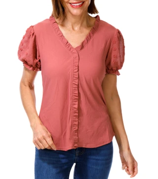 Thumbnail 1: Flower & Feather Women's Ruffle Trim Top  