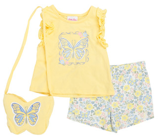 Thumbnail 1: Little Lass Girl's 3 Pc Sleeveless Butterfly Top Short Set wih Purse 