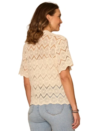Thumbnail 2: Democracy Womens Short Sleeve Button Down Crochet Top 