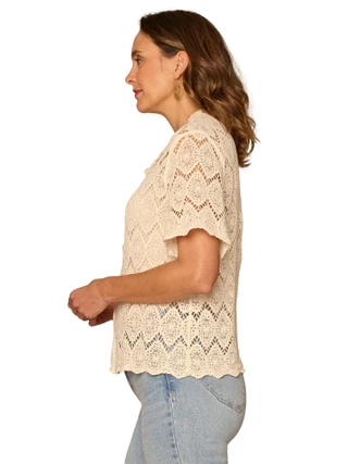 Thumbnail 3: Democracy Womens Short Sleeve Button Down Crochet Top 