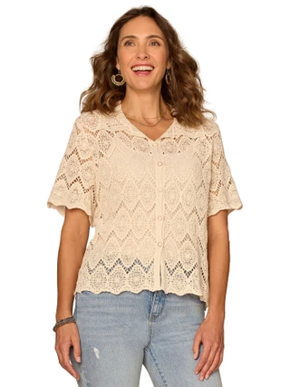 Thumbnail 1: Democracy Womens Short Sleeve Button Down Crochet Top 