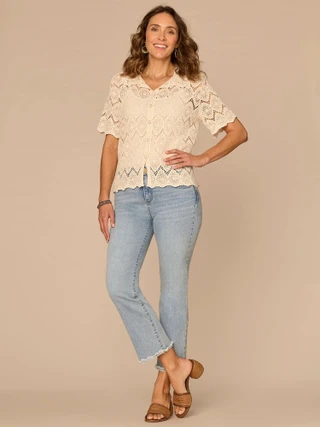 Thumbnail 4: Democracy Womens Short Sleeve Button Down Crochet Top 