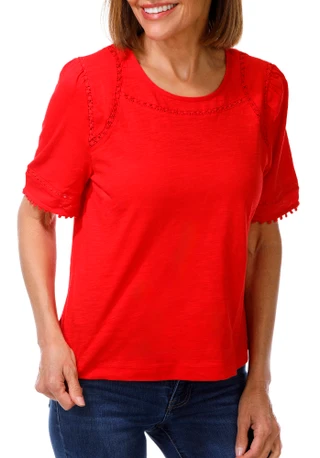 Thumbnail 1: Coral Bay Petite Short Sleeve Top w/ Lace Insets 