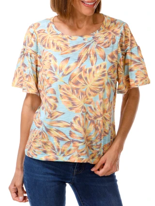 Thumbnail 1: Democracy Women's Short Puff Sleeve Printed Crew Neck Top 
