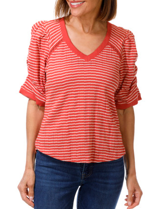 Thumbnail 1: Democracy Women's Puff Sleeve Picot V-Neck Knit Top 