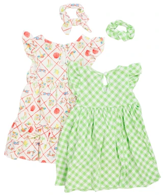 Thumbnail 2: Rare Editions Toddler Girl's 3 Pc Short Sleeve Print Dress Scrunchie Set 