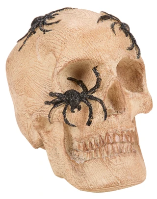 Thumbnail 1: 6 in Resin Woodgrain-Look Spidery Skull Halloween Decor 
