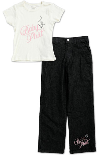 Thumbnail 1: Baby Phat Girls 2 Pc Ribbed Logo Tee & Wide Leg Jeans Set 