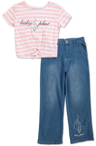 Thumbnail 1: Baby Phat Girls 2 Pc Striped Logo Tie Front Tee & Denim Jeans Set 