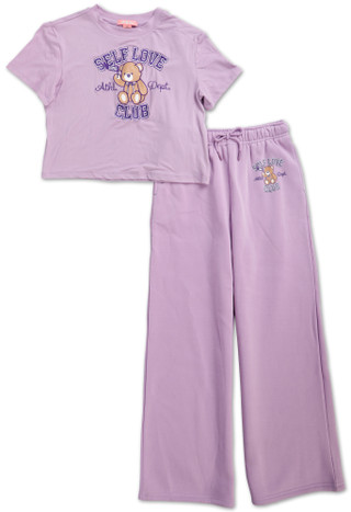 Thumbnail 1: Lucky You Girls 2 Pc Self Love Teddy Bear Tee & Wide Leg Pants Set 