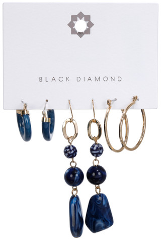 Thumbnail 1: Black Diamond 3 Pk Gold Blue Dangle & Hoop Earrings 