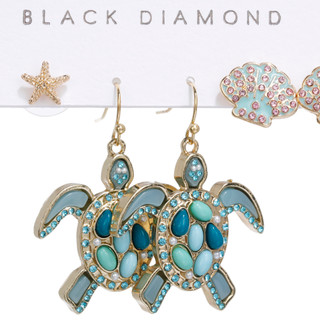 Thumbnail 2: Black Diamond Women's 3 Pk Sea Turtle & Stud Earrings 