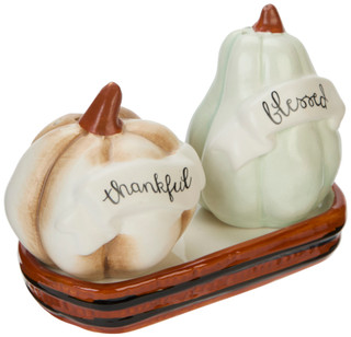 Thumbnail 1: Boston Warehouse Blessed And Thankful Salt & Pepper Shakers with Dish 