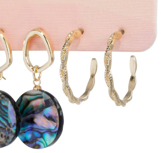 Thumbnail 2: Black Diamond 3 Pk Gold Drop & Hoop Earrings 