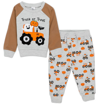 Thumbnail 1: Baby Essentials Baby Boys 2 Pc Halloween Ghost in Tractor Pants Set 