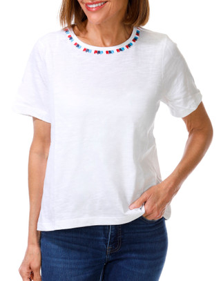 Thumbnail 1: Coral Bay Petite Short Sleeve Embroidered Neck Knit Top 
