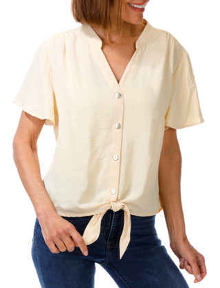Thumbnail 1: Hearts of Palm Women's Short Sleeve Crinkle Tie Front Button Top 
