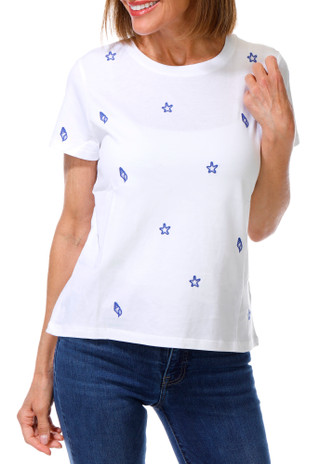 Thumbnail 1: Philosophy Petite Short Sleeve Embroidered Sea Life Top 