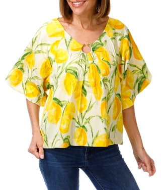 Thumbnail 1: Democracy Women's Short Flutter Sleeve Lemon Print Top 