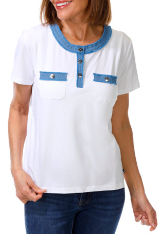 Thumbnail 1: Nautica Women's Short Sleeve Denim Trim Henley Top 
