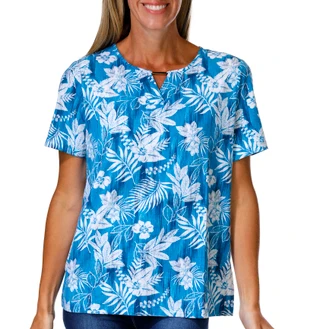 Thumbnail 1: Coral Bay Women's Short Sleeve Printed Notch Bar Top 