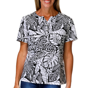 Thumbnail 1: Coral Bay Women's Short Sleeve Printed Grommet V Neck Top 