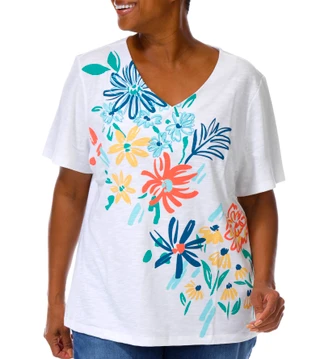 Thumbnail 1: Coral Bay Women's Plus V-Neckline Embellished Short Sleeve Top 