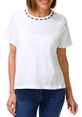 Thumbnail 1: Coral Bay Women's Short Sleeve Embroidered Neck Knit Top 