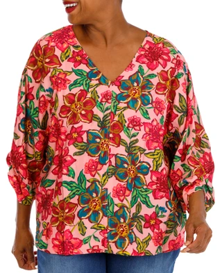 Thumbnail 1: Democracy Plus 3Q Sleeve Kimono V-Neck Floral Woven Top 