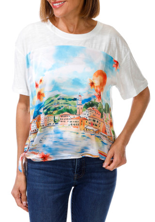 Thumbnail 1: Democracy Petite Elbow Sleeve Side Tie Graphic Top 