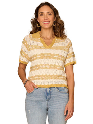 Thumbnail 1: Democracy Women's Short Sleeve Striped Polo Sweater 
