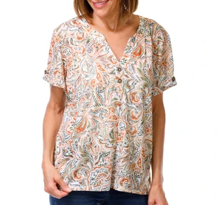 Thumbnail 1: Hearts of Palm Women's Paisley Henley Short Sleeve Top 